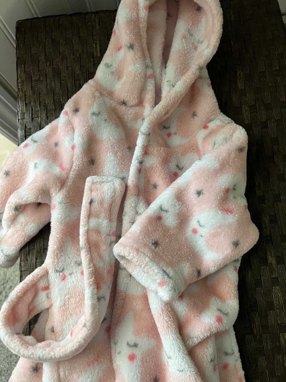 Baby bath robe- fits 0 to 9 months light pink with stars and moons
